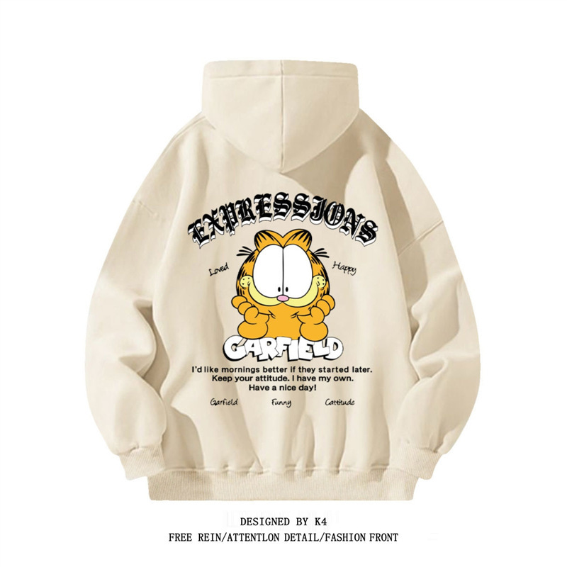 Silver Fox Velvet American Retro Cartoon Garfield Print Hooded Sweatshirt for Men and Women Casual Loose Autumn and Winter Top ins Silver Fox Velvet American Retro Cartoon Garfield Print Hooded Sweatshirt for Men and Women Casual Loose Autumn and Winter Top ins