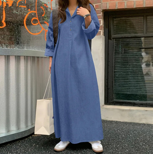 2024 New Spring Denim Solid Color Stylish Commute Bohemian Loose Plus Size Long Dress