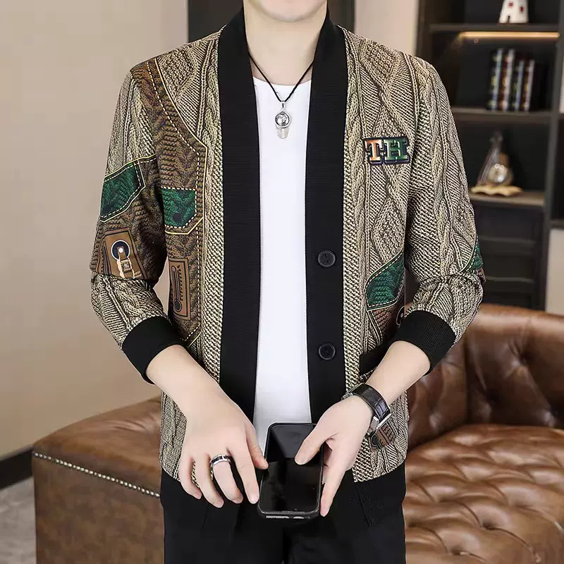 高档欧货潮流印花开衫外套男士秋季新款时尚休闲帅气上衣品质男装