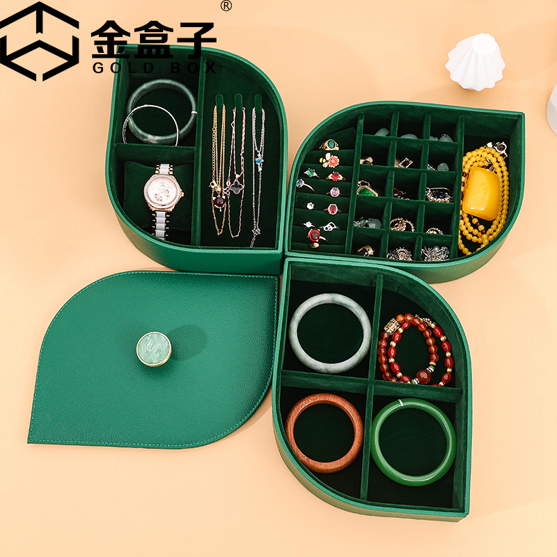 现货多层绿色叶子首饰盒 PU皮质珠宝项链盒 耳环手镯储物收纳盒