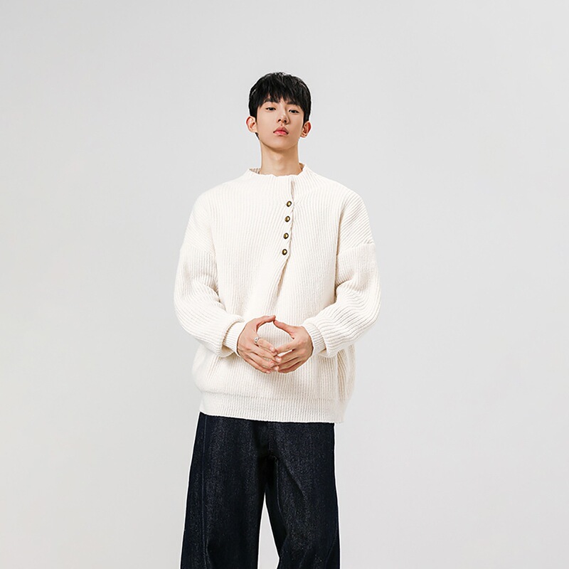 Autumn and Winter Couple's Casual Button-Up Vest, Loose and Lazy Style, Old Money White Trendy Knit Sweater, High-Neck Sweater for Men