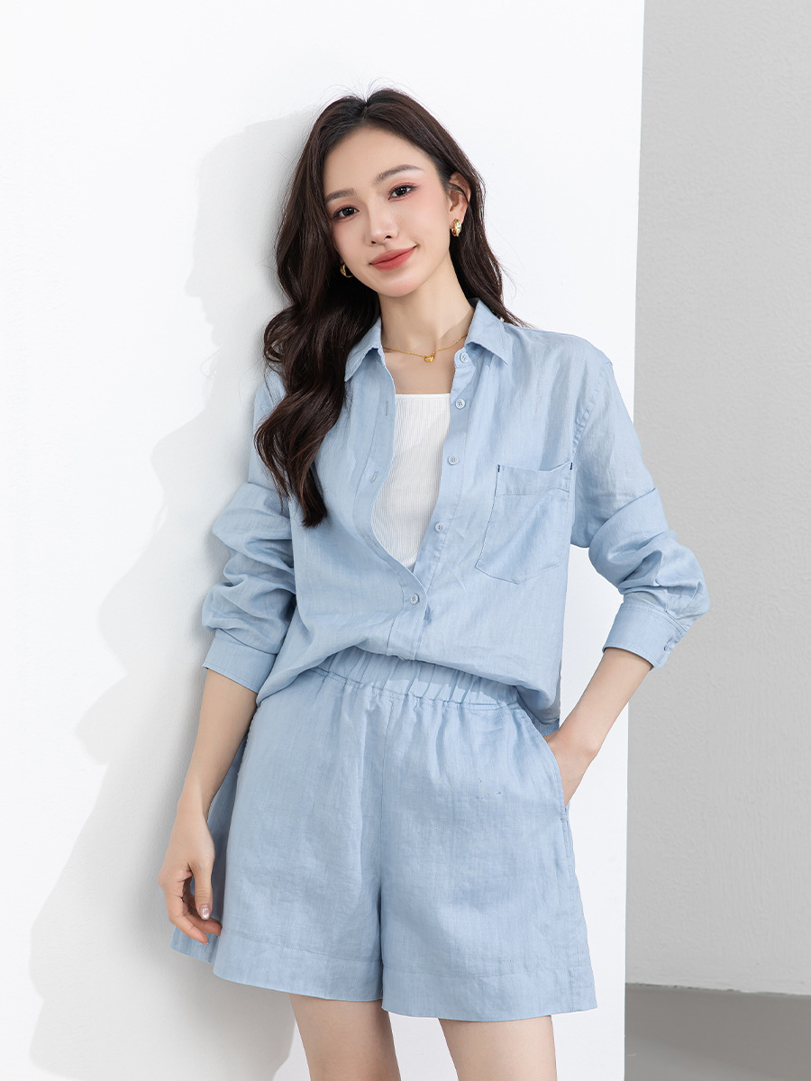 Bộ đồ linen nữ mùa hè áo sơ mi phối quần short dáng rộng — Quần short - 86185 ngày xanh
