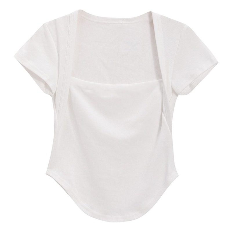 Camiseta blanca de manga corta con cuello cuadrado para mujer, nuevo estilo de verano 2026, top sexy de diseño ajustado, camiseta básica.