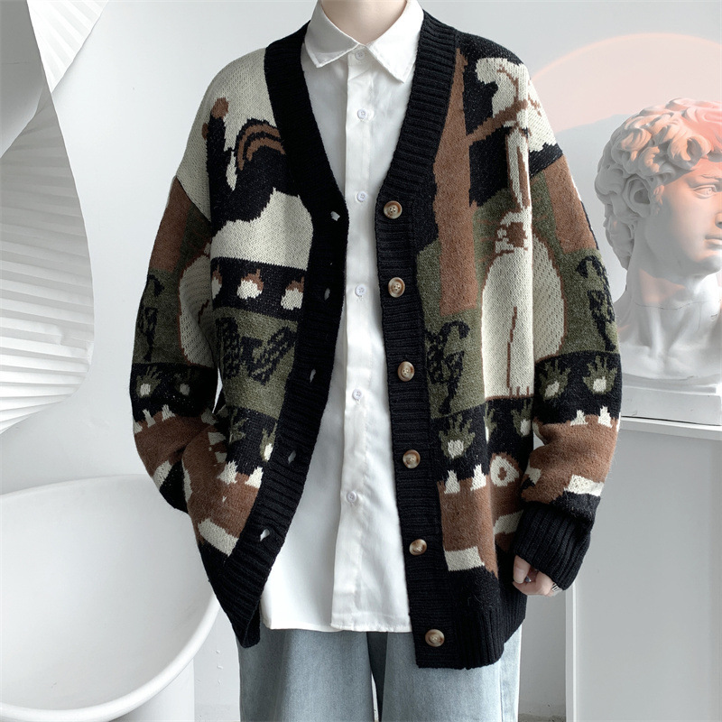 Retro cartoon jacquard cardigan V-neck sweater sweater men's fashion brand bf loose casual handsome outer wear button sweater