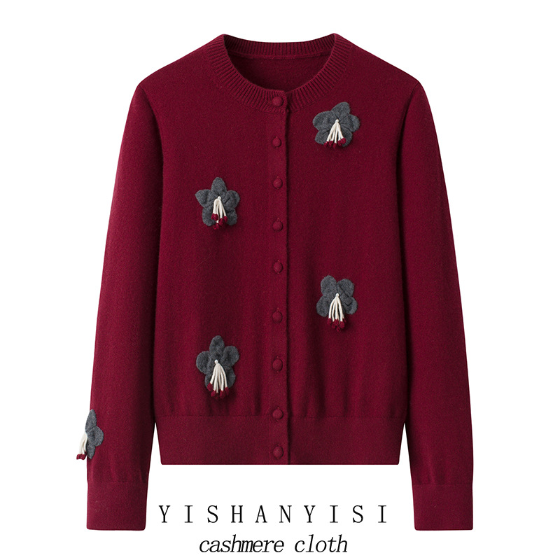 内蒙260克100纯山羊绒开衫女秋冬新款圆领刺绣花朵针织衫软糯亲肤