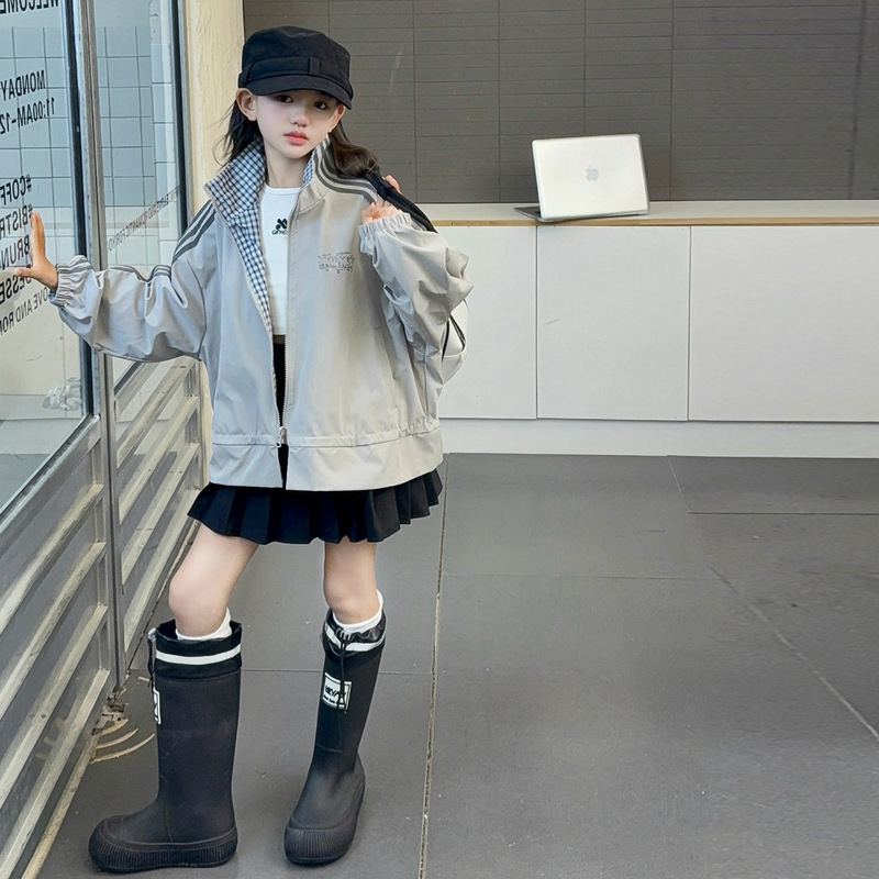 女童秋装外套棒球服夹克2025新款儿童韩系大童时髦双面穿格子外套|undefined