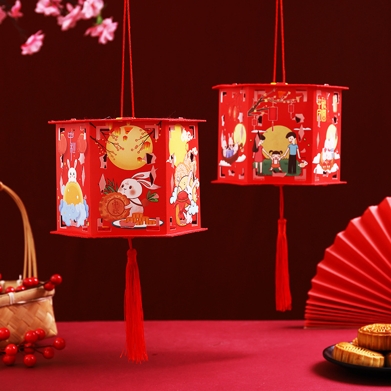 Festival del medio otoño linterna proyección linterna papel fieltro tela hecha a mano DIY material de producción niños linterna portátil Palacio lámpara