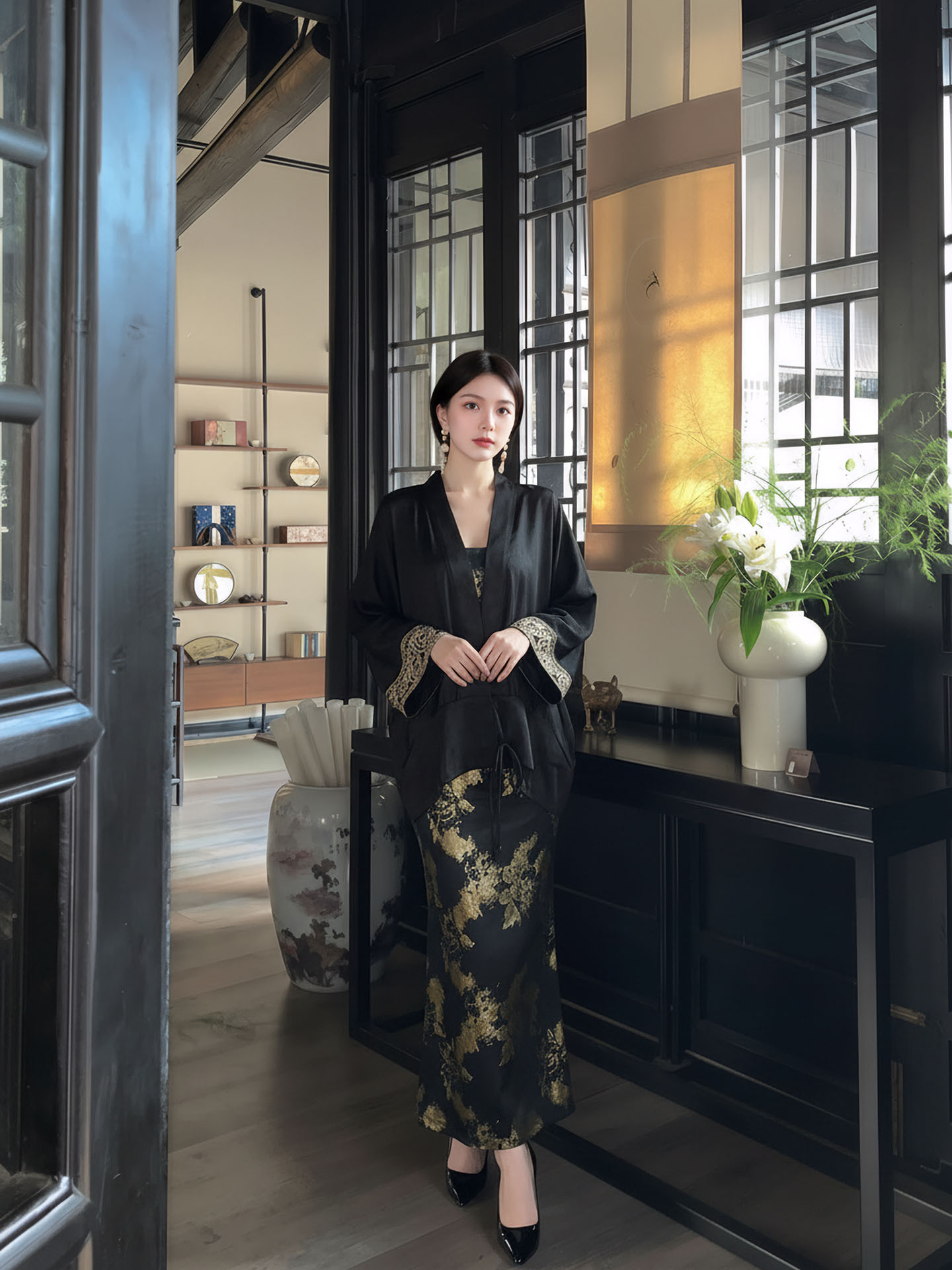 Bộ áo sơ mi lụa rộng và váy dây treo cổ điển M6056 – phong cách quốc gia sang trọng — Áo, Váy Hai Dây