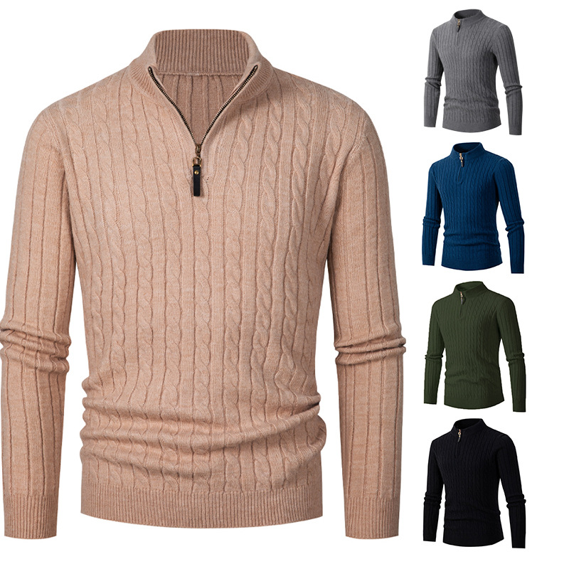 Men's Knitted Sweater With Half Zip And High Collar For Men_voghion.com