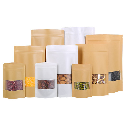 Thickened Kraft Paper Bags with Window, Self-Standing Kraft Pouches for Nuts & Food Packaging, Tea Zip-Lock Bags—Wholesale