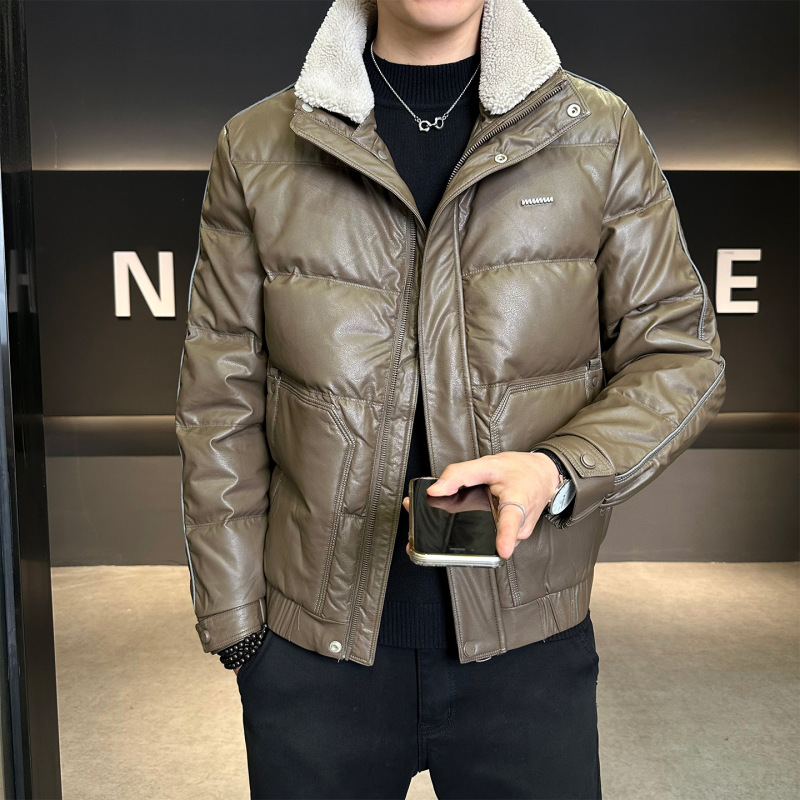 2025 Winter Shop Owner Leather down Jacket Simple Lamb Wool Collar Korean Style Fashionable Warm Pu Leather down Coat for Men