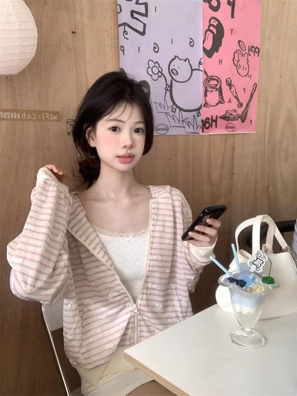 【工厂现货】提花甜美蝴蝶结印花粉色条纹开衫外套女小个子上衣|undefined