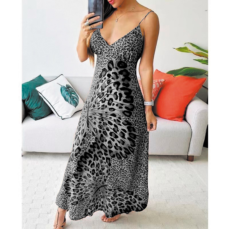 Frau Trägerkleid Strassenmode V-ausschnitt Drucken Ärmellos Schmetterling Leopard Maxi Langes Kleid Täglich display picture 4