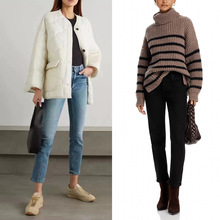 2025早春欧美MO同款怀旧浅蓝色+黑色高腰紧身小脚九分牛仔裤女