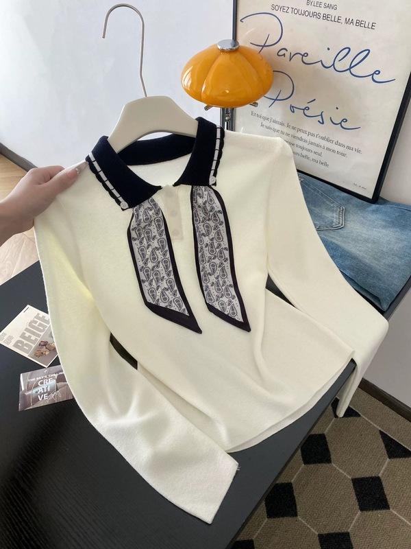 Polo领针织衫配丝巾女2025秋季新款韩系时尚气质显瘦休闲长袖上衣|undefined