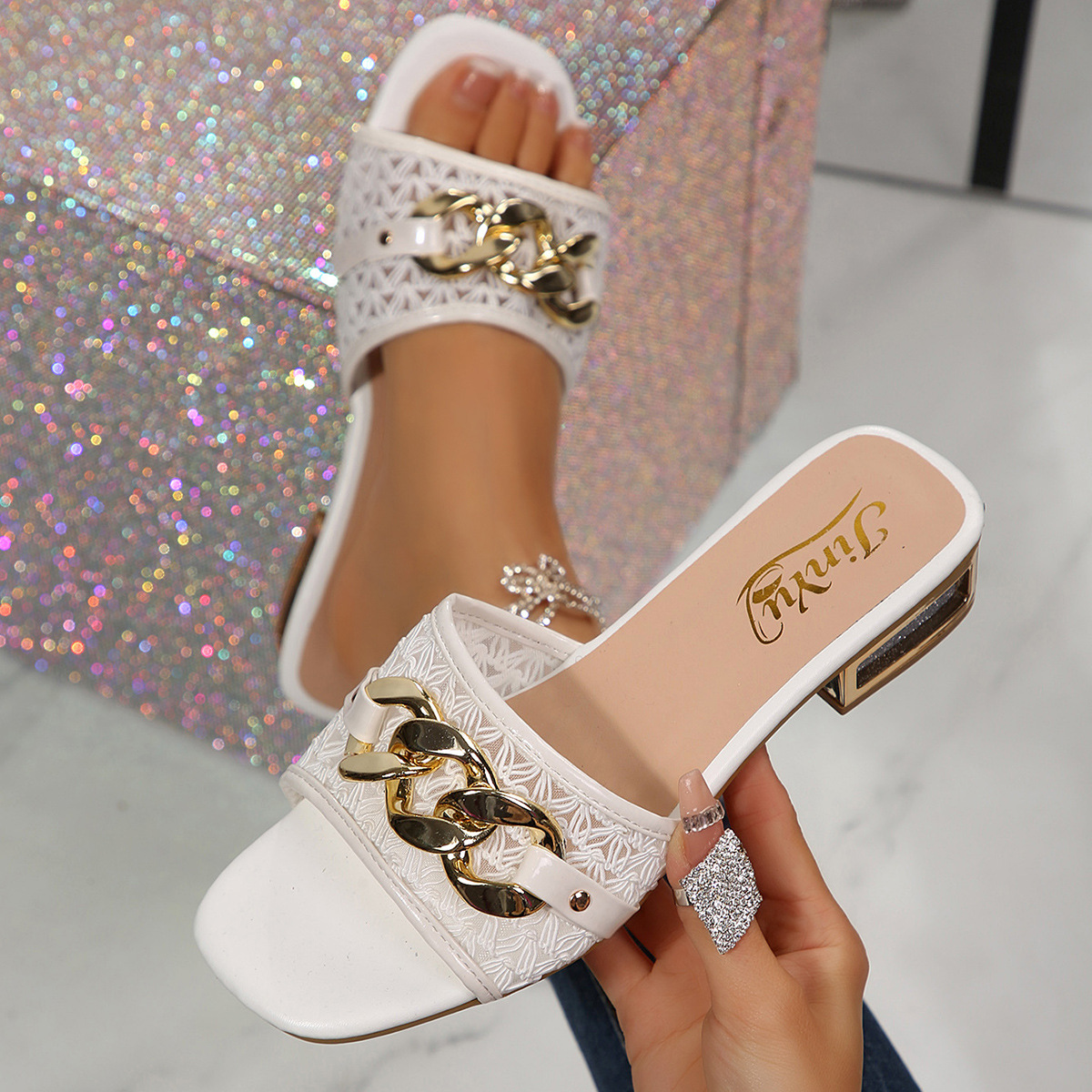 Sandalias Mules de Punta Cuadrada de Cuero Sintético con Tacón Ancho para Verano