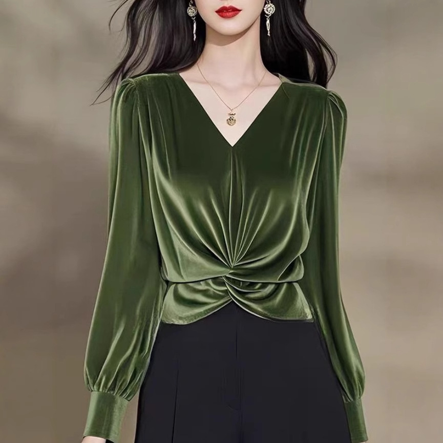 Autumn green velvet long-sleeve