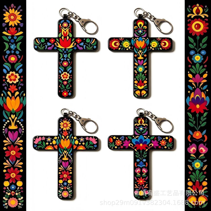 Mexican Ethnic Style Floral Cross Acrylic Keychain Retro Embroidered Pattern Car Key Pendant Retro