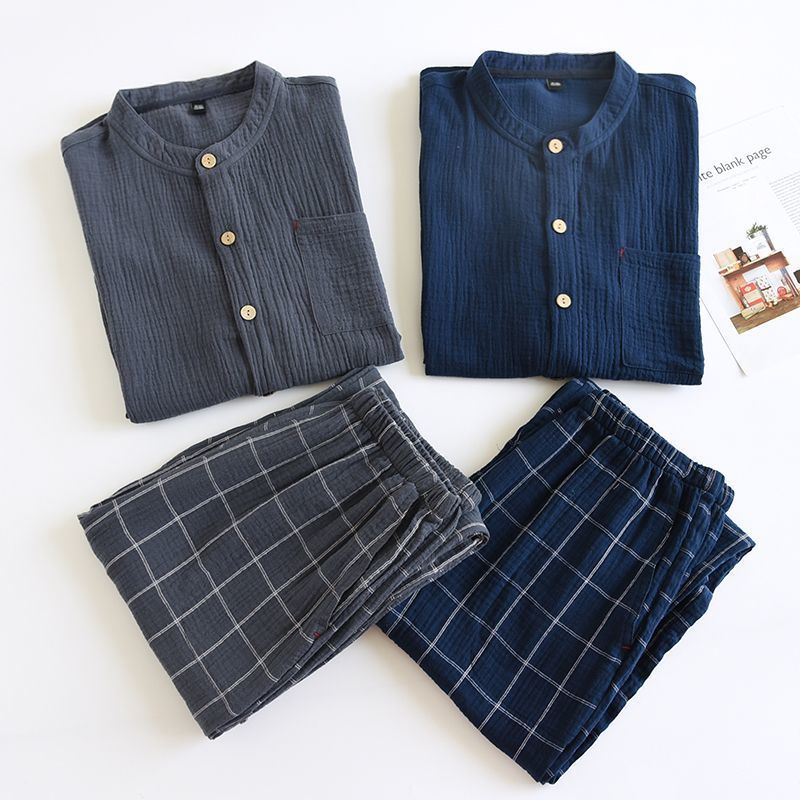 봄, 가을, 여름 거즈 더블 레이어 크레이프 긴팔 가디건 루즈 대형 홈웨어 세트 남성용 심플 잠옷