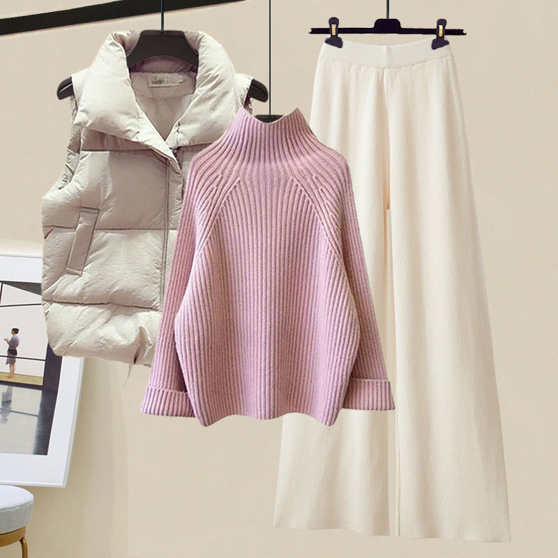 冬服、新しいスタイルの綿のベスト、タートルネックセーター、女性のスリムなワイドレッグパンツの3点セット|undefined