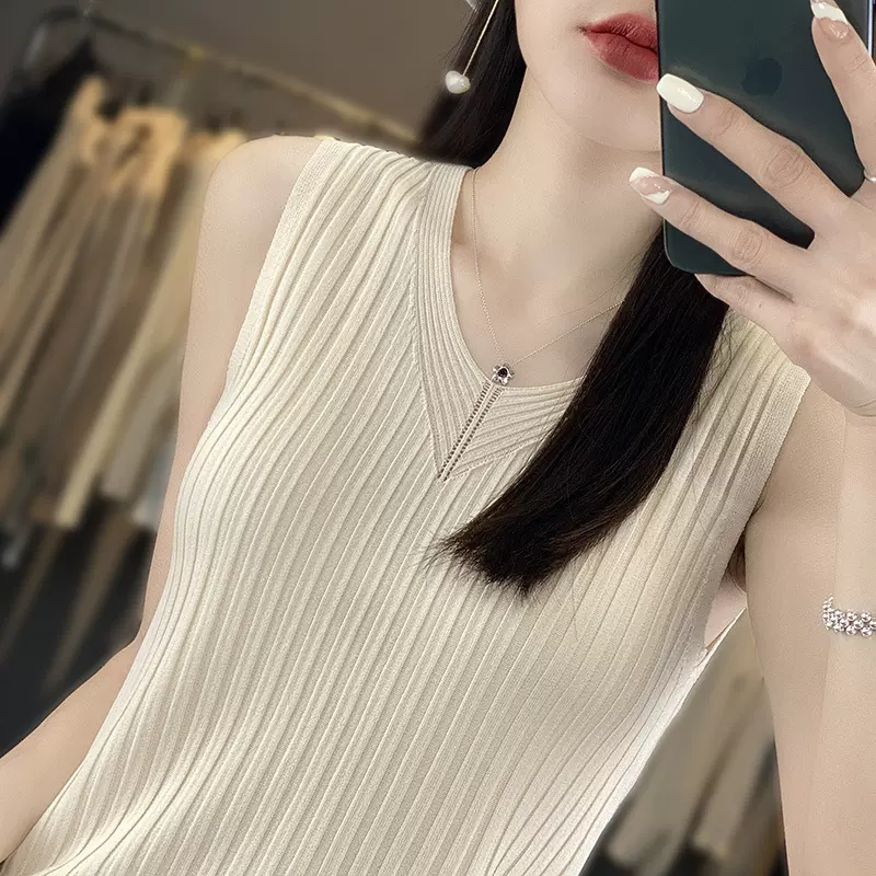 冰丝吊带背心女夏薄外穿修身显瘦气质针织打底上衣女v领无袖内搭