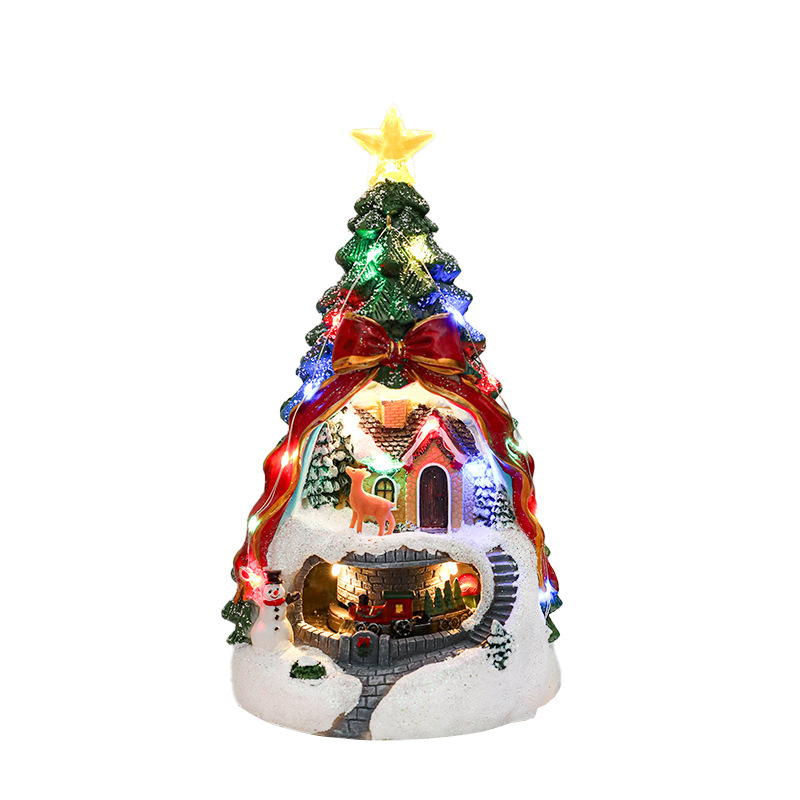Casa de Navidad de color de resina puede girar el tren luminoso de luz de color caja de música decoración de escritorio de Navidad