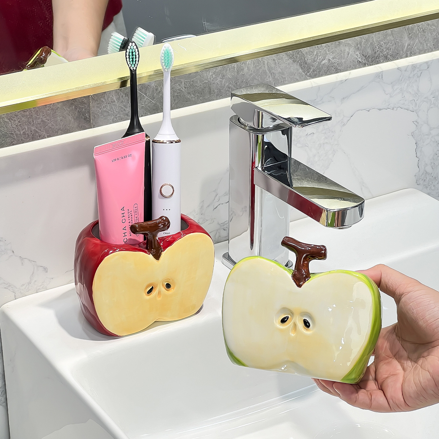 애플 세라믹 2026 신형 전동칫솔 보관대 세면대 칫솔 치약 귀여운 디자인