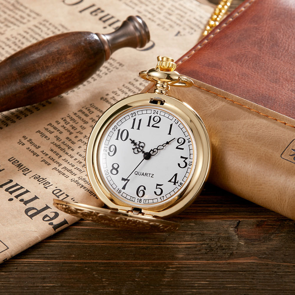 Relógio de bolso esqueleto vintage gravado com colar presente_voghion.com