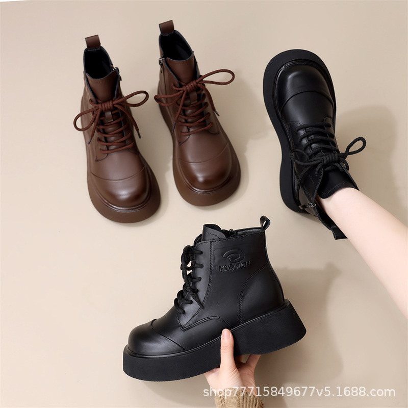 Thick-Soled British Boots for Women 2025 Autumn and Winter New Style Heightening and Foot-Showing Small Fleece-Lined Soft-Soled Comfortable Short Boots Large Size 41