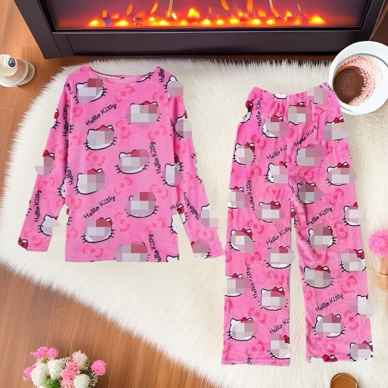 Women's New Autumn and Winter Two-Piece Flannel Pajama Set with Fleece Lining, Warm and Casual Home Wear Pants, Versatile