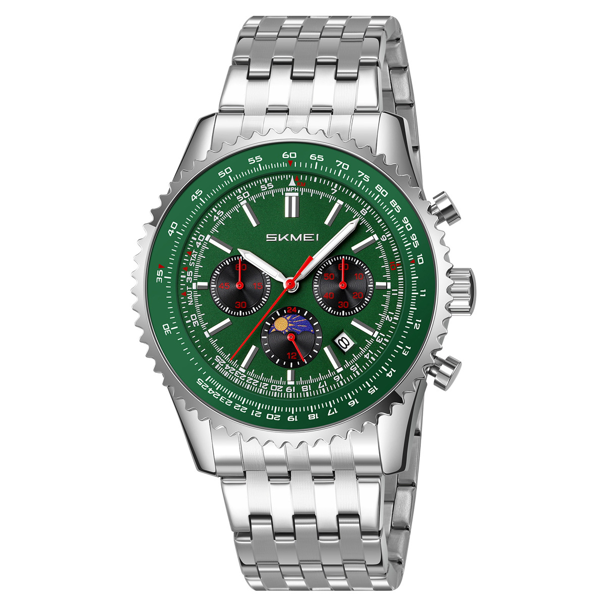 Momento de los Estados Unidos transfronterizos para hombres reloj de acero correa de tres ojos seis agujas multifuncional reloj de pulsera horario de estrellas al por mayor