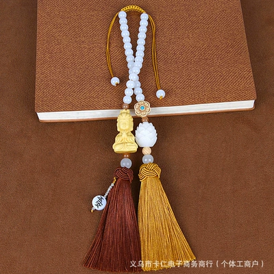 High-End Boxwood Small Buddha Car – Car hanging - peaceful-guanyin-double-tassel-coffee-yellow