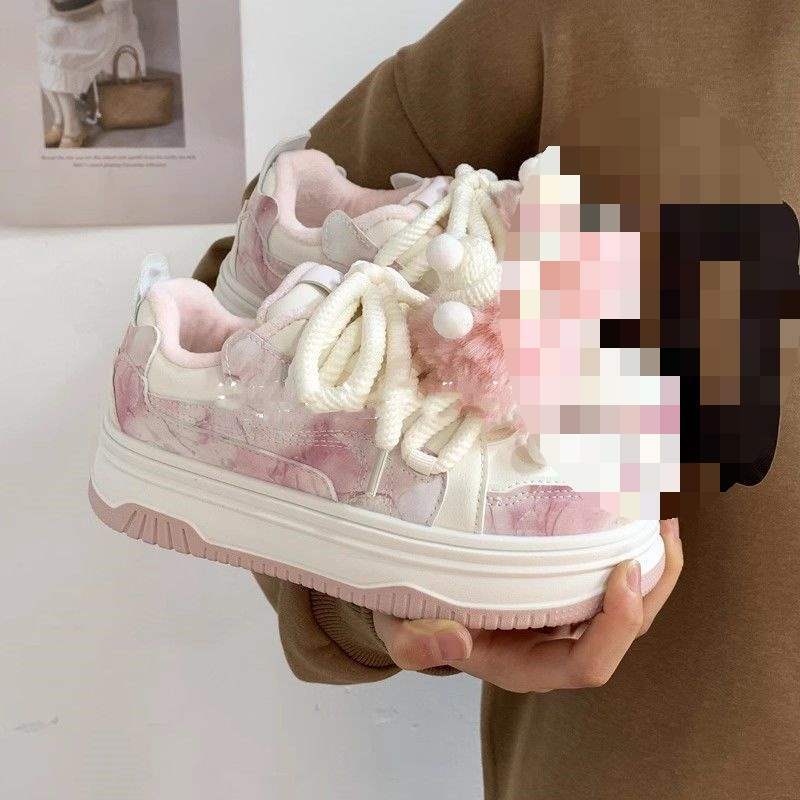 冬季软妹粉色加绒保暖大头面包鞋子女厚底2025新款运动休闲板鞋潮