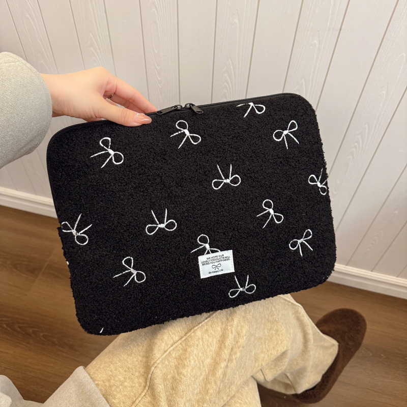 Plush Embroidered Bow Flat Inner Case Shockproof and Drop-proof Zipper iPad Protective Cover Laptop Storage Bag