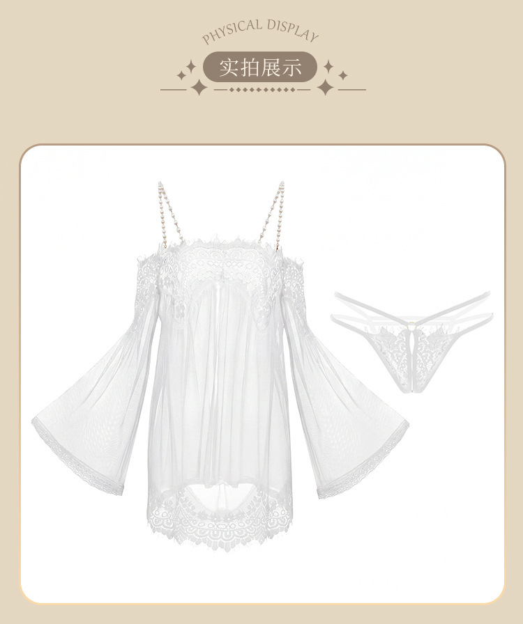 Feimu & Miji Sheer Lace Off-Shoulder Nightdress with Pearl Straps and Crotchless Panty — detail image 32