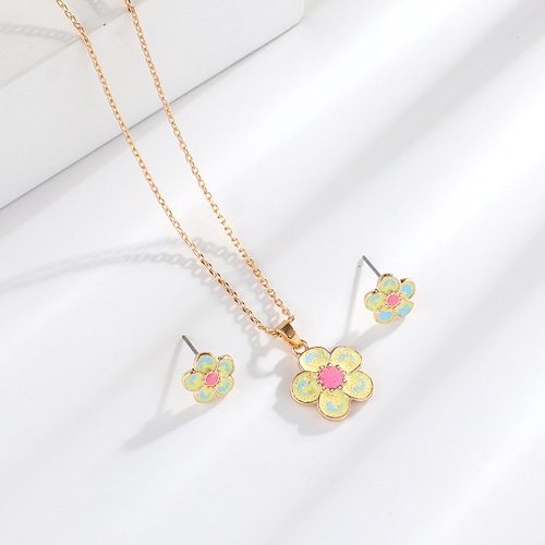 Cross-border creative children's jewelry set cartoon flower accessory set alloy drip oil necklace earring set of two