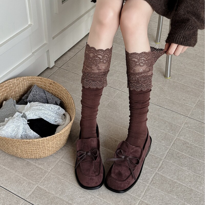 Milad Coffee-Colored Calf Socks for Women, White Slouch Socks, Spring and Autumn Pure Cotton, Trendy Lace Trim Knee-High Socks Milad Coffee-Colored Calf Socks for Women, White Slouch Socks, Spring and Autumn Pure Cotton, Trendy Lace Trim Knee-High Socks