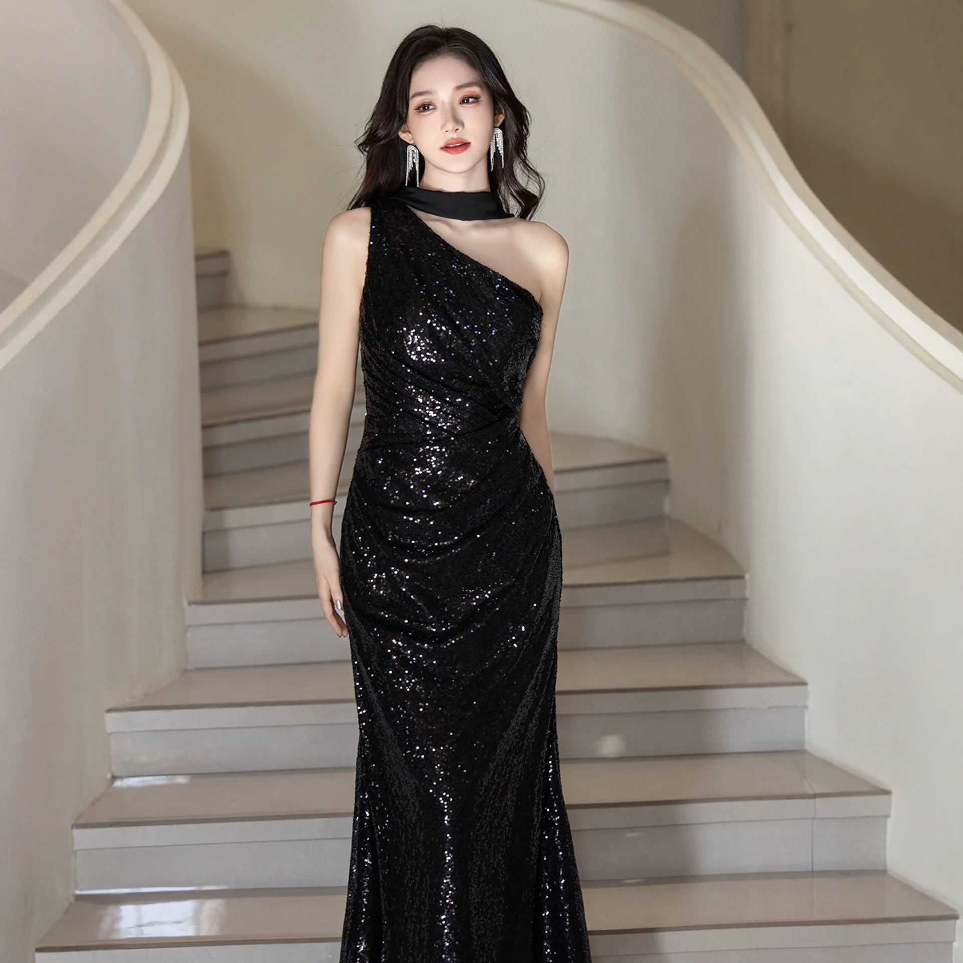 Women's Elegant Black Sequined Mermaid Evening Gown Understated Luxury Niche Style For Hostesses Coming Of Age Ceremony New_ecoleips.com