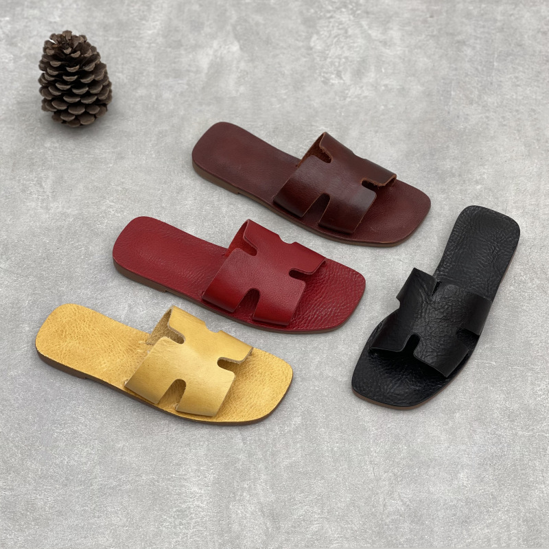 Artistic Handmade Genuine Leather 2025 New Slippers Simple Retro Lazy Slippers Soft Bottom Cowhide Women's Shoes