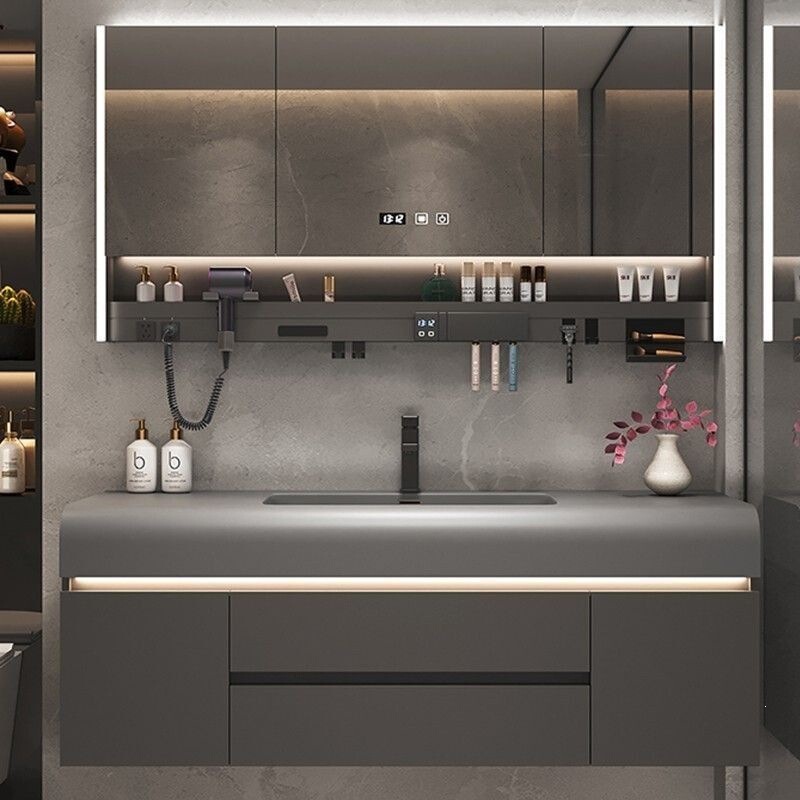 Corian skin-feel integrated basin smart bathroom cabinet combination with integrated sink and washbasin Corian skin-feel integrated basin smart bathroom cabinet combination with integrated sink and washbasin