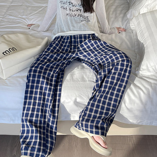 Retro Plaid Wide-Leg Pants for Women Spring and Summer Thin High-Waisted Bubble Cotton Walking Floor-Length Pants Korean Style Straight Casual Pants