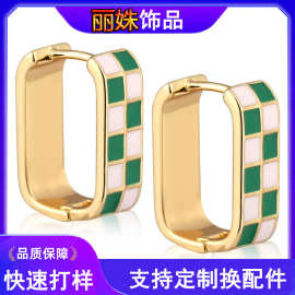 欧美跨境新款绿色和金色复古矩形耳环潮流个性耳饰女百搭通勤饰品