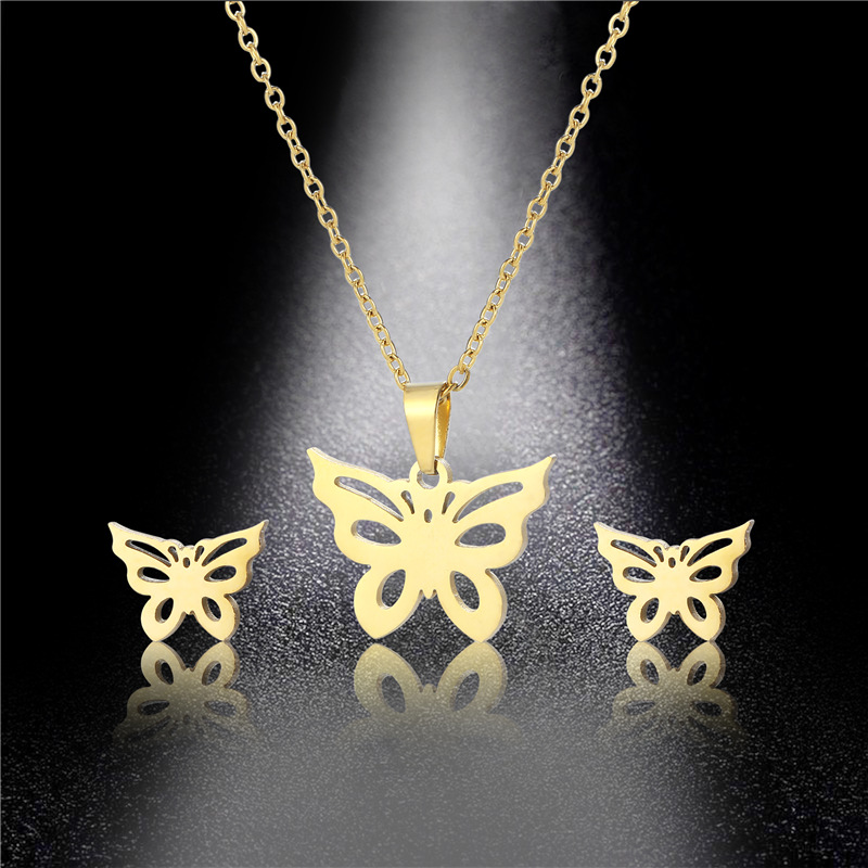 fashion butterfly necklace earrings set gold-plated stainless steel two-piece