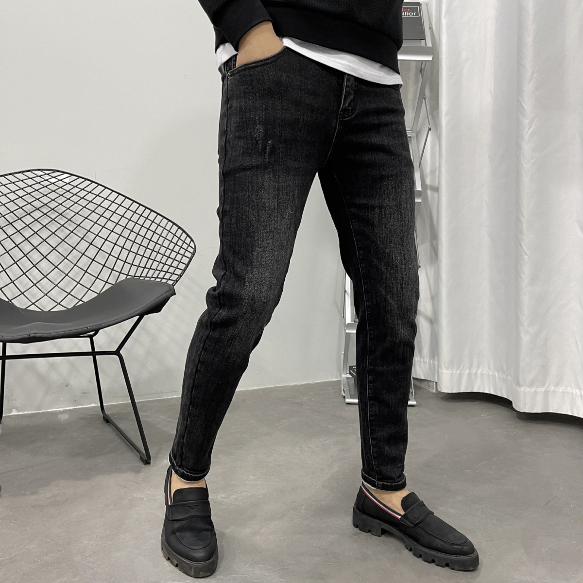 2024 Spring New Black Split Jeans for Men's Slim Fit, Elastic, Versatile Small Feet Pants Trendy_voghion.com