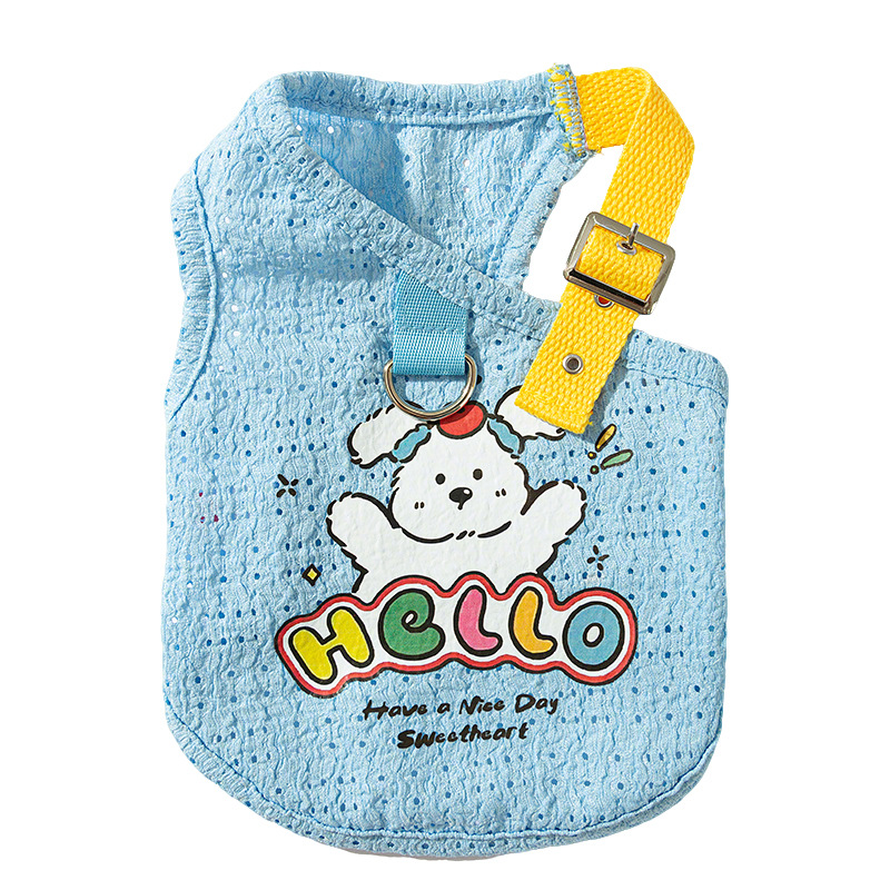 Perro primavera y verano transpirable delgada correa hueca impresa chaleco de dibujos animados Teddy perros pequeños gatos ropa de mascotas