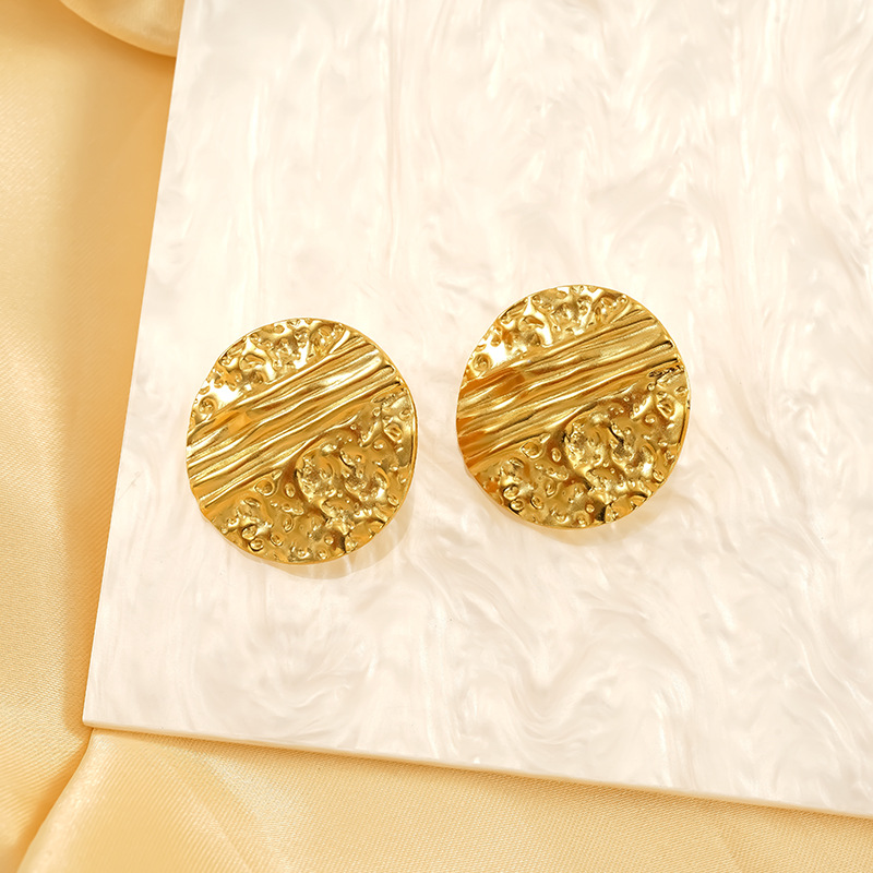 Hammered Gold Plated Stud Earrings For Women Elegant Round Style_voghion.com