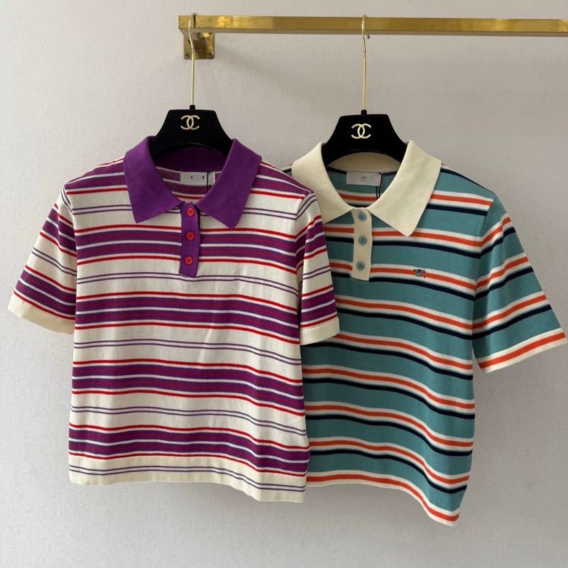 New Celine Polo Shirt Summer Two-Tone Versatile Striped Turn-Down Collar Short-Sleeve T-Shirt with Color-Blocking Knit