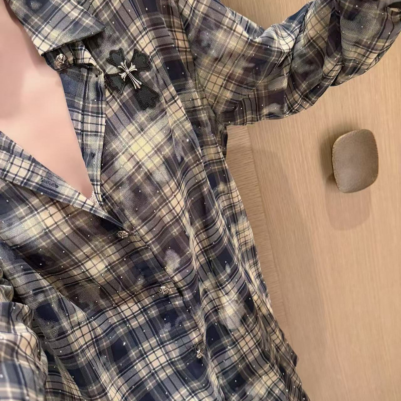 Cross-Patterned Leather Patchwork Star-Studded Rhinestone Plaid Shirt for Women, Summer Niche Vintage Thin Design Shirt