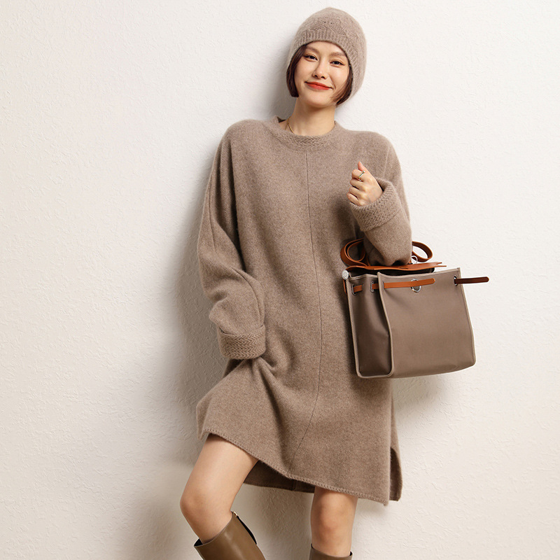 清河羊绒圆领开叉连衣裙加厚羊绒衫毛衣女中长裙宽松休闲打底裙