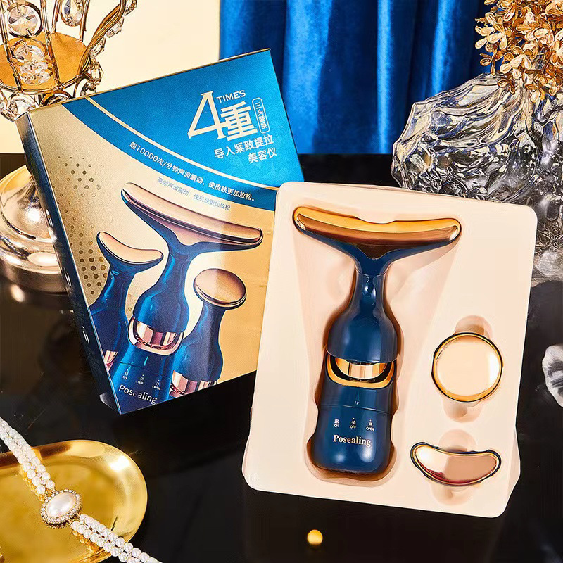 Historia y su importación de tres cuerpos de elevación y apriete masajeador de vibración sónica desvanecimiento de las líneas finas casa instrumento de belleza